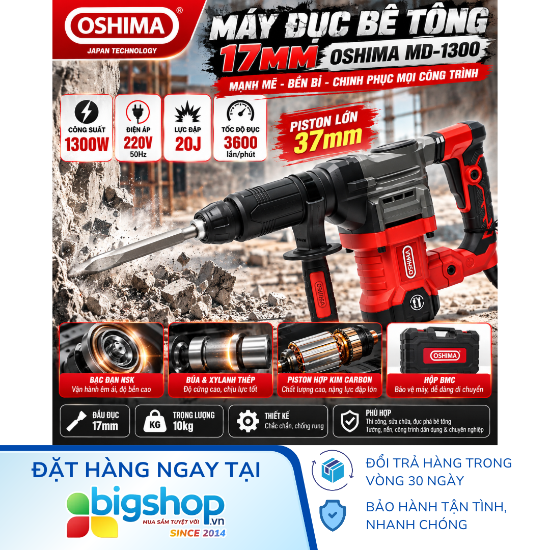 Máy đục bê tông 17mm OSHIMA MD-1300 (Công suất 1300W)