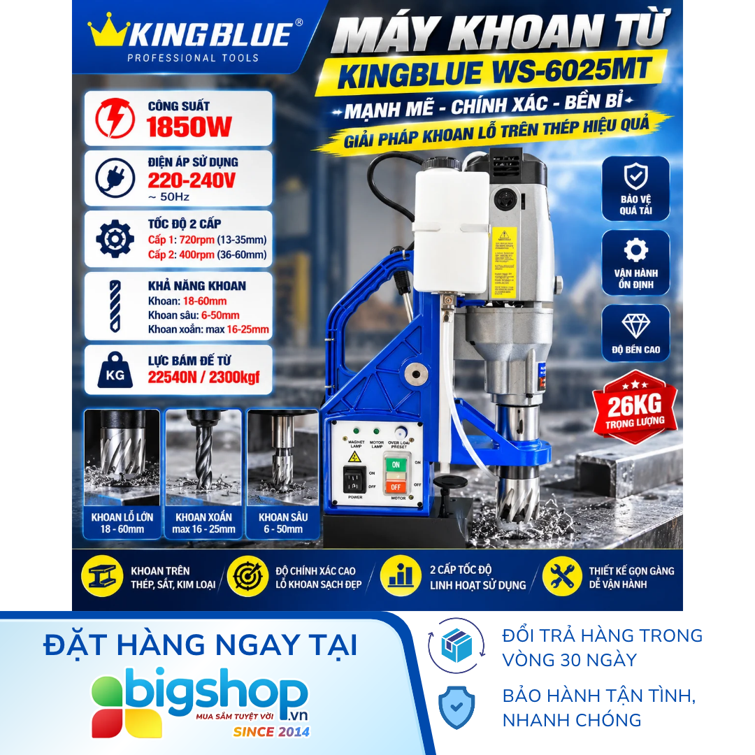 Máy khoan từ KINGBLUE WS-6025MT (Wing Speed/Miyanach) - Công suất 1850W, sản xuất tại Đài Loan