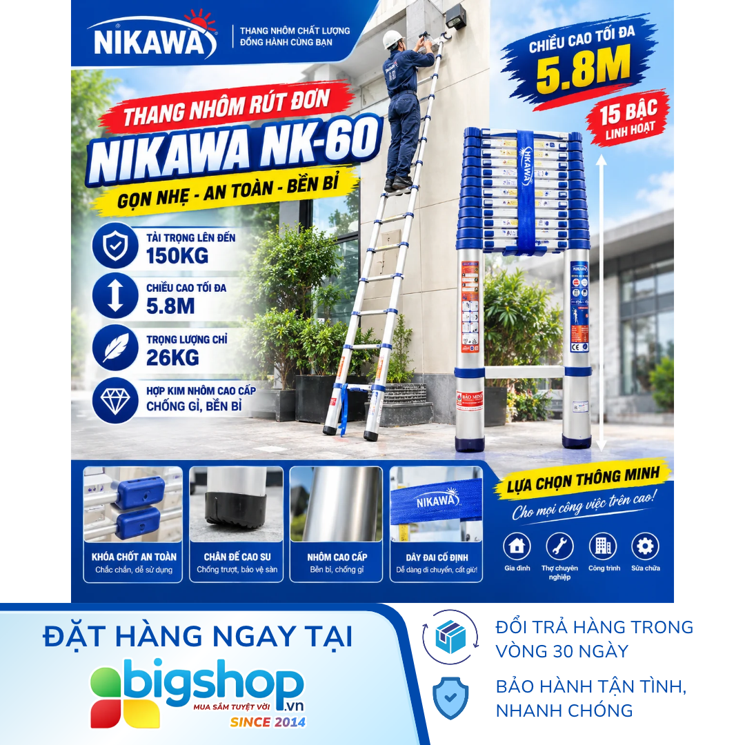 Thang nhôm rút đơn NIKAWA NK-60 (15 bậc, cao 5m8, tải trọng 150kg)