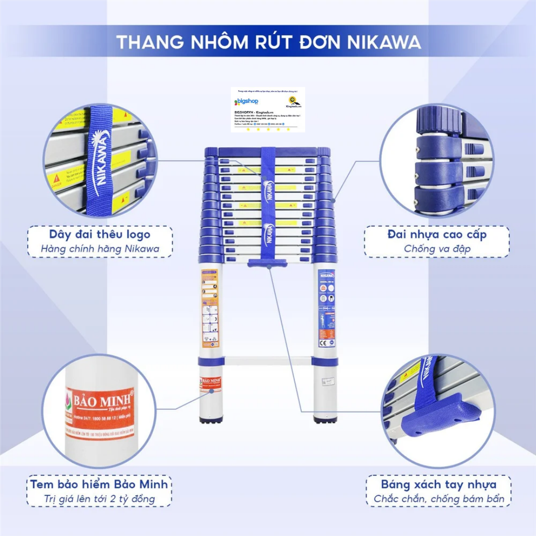Thang nhôm rút đơn NIKAWA NK-60 (15 bậc, cao 5m8, tải trọng 150kg)
