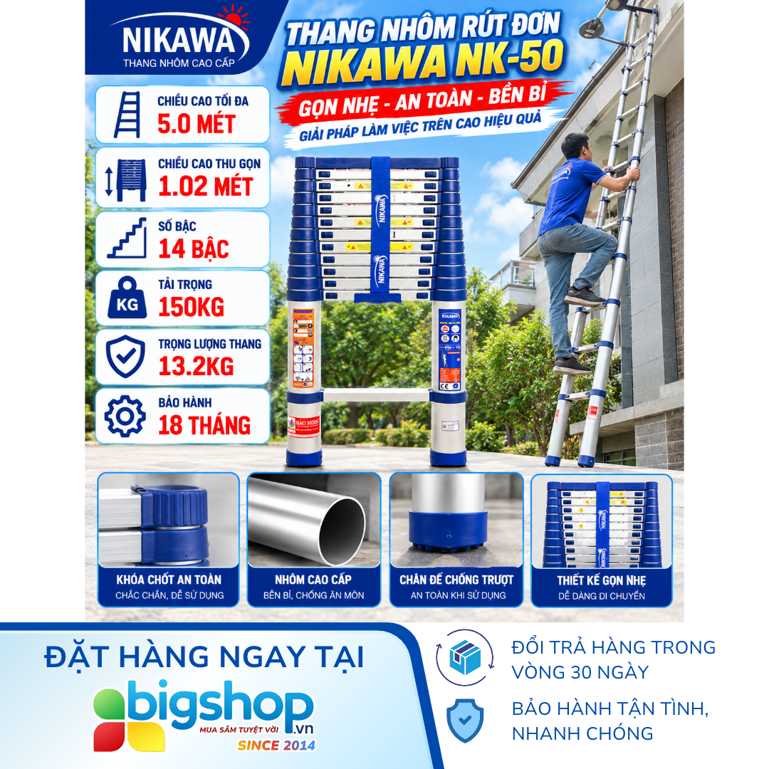 Thang nhôm rút đơn NIKAWA NK-50 (14 bậc, cao 5m, tải trọng 150kg)