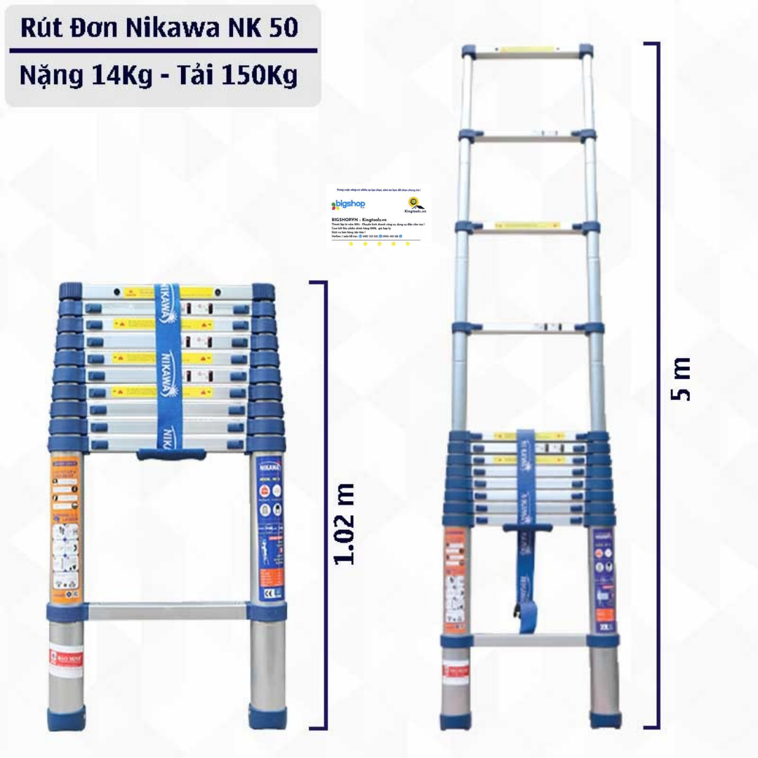 Thang nhôm rút đơn NIKAWA NK-50 (14 bậc, cao 5m, tải trọng 150kg)