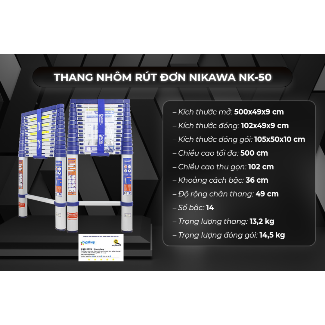 Thang nhôm rút đơn NIKAWA NK-50 (14 bậc, cao 5m, tải trọng 150kg)