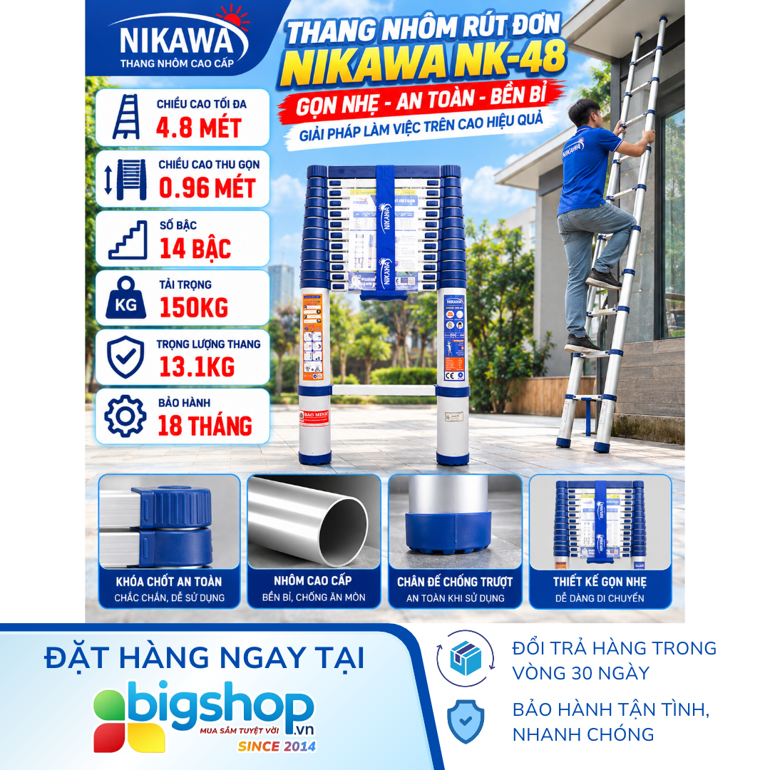 Thang nhôm rút đơn NIKAWA NK-48 (14 bậc, cao 4m8, tải trọng 150kg)