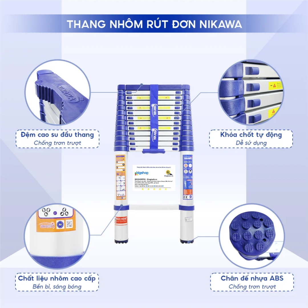 Thang nhôm rút đơn NIKAWA NK-48 (14 bậc, cao 4m8, tải trọng 150kg)