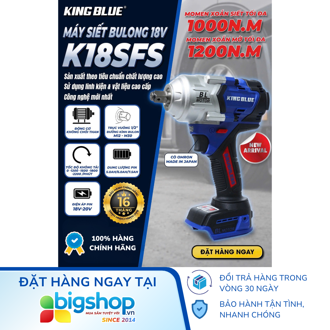 Máy siết bulong dùng pin 18V KINGBLUE K18SFS (Lực siết 1000Nm) - Thân máy