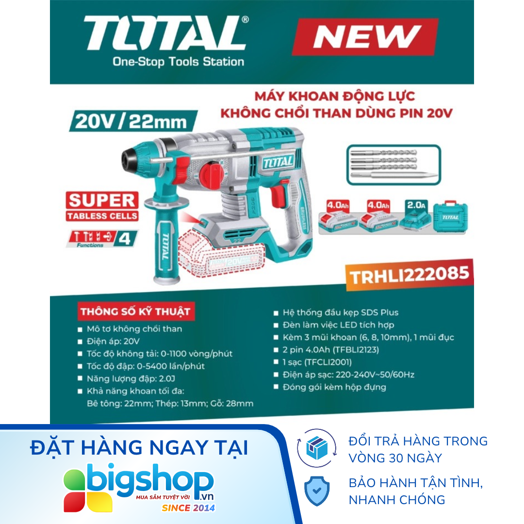 Máy khoan đục bê tông pin 20V TOTAL TRHLI222085 (2 pin 4.0Ah và sạc)