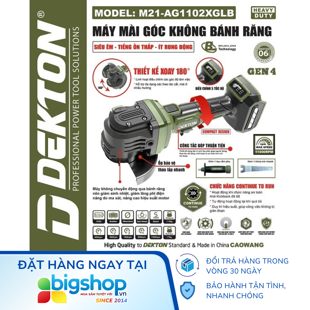 Máy mài góc dùng pin 21V DEKTON M21-AG1102XGLB (Không bánh răng) - Thân máy