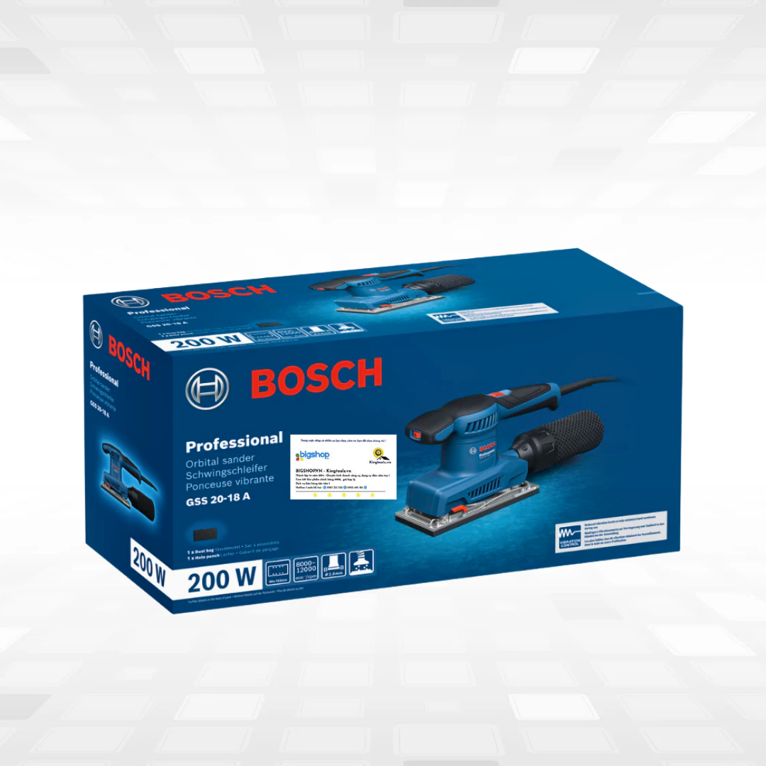 Máy chà nhám rung BOSCH GSS 20-18 A (Công suất 200W, kích thước đế chà 90 x 183 mm)