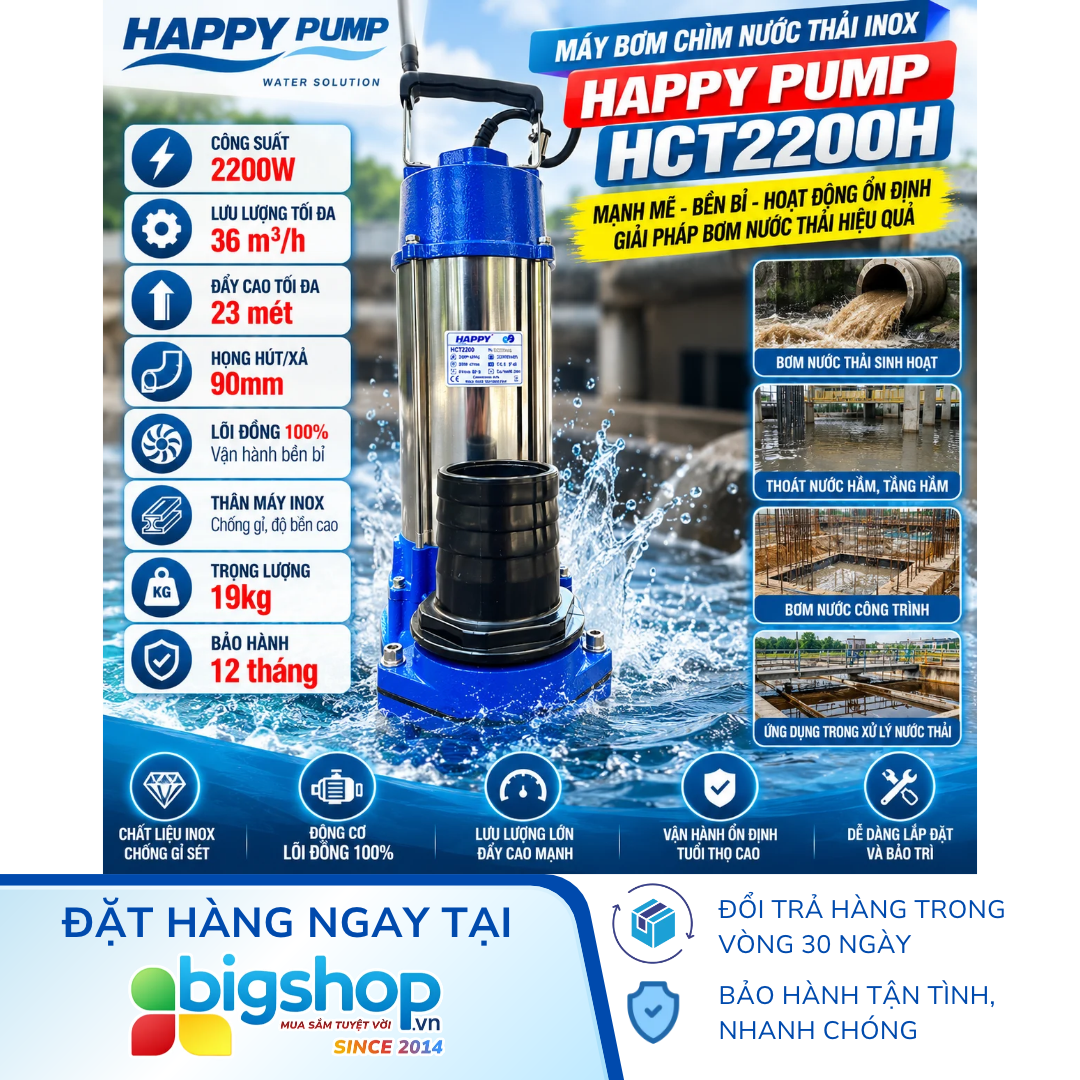 Máy bơm chìm nước thải inox HAPPY PUMP HCT2200H (Công suất 2200W, đẩy cao 23m)