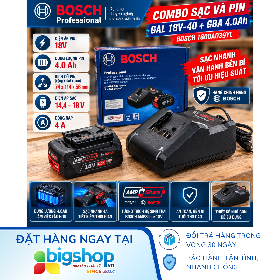 Combo sạc GAL 18V-40 và pin GBA 4.0Ah BOSCH 1600A039YL