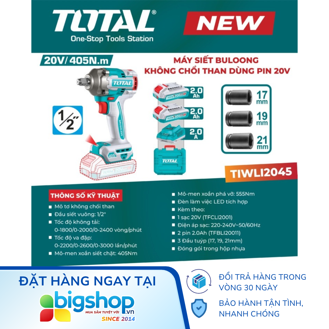 Máy siết bulong dùng pin 20V TOTAL TIWLI2045 (Lực siết 405Nm) - 2 pin 2.0Ah và sạc
