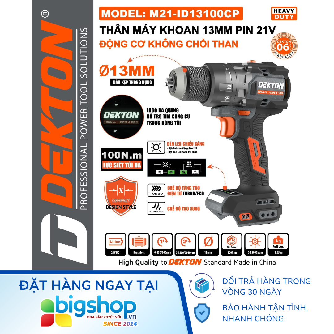 Máy khoan động lực dùng pin 21V DEKTON M21-ID13100CP (Lực siêt 100Nm) - Thân máy