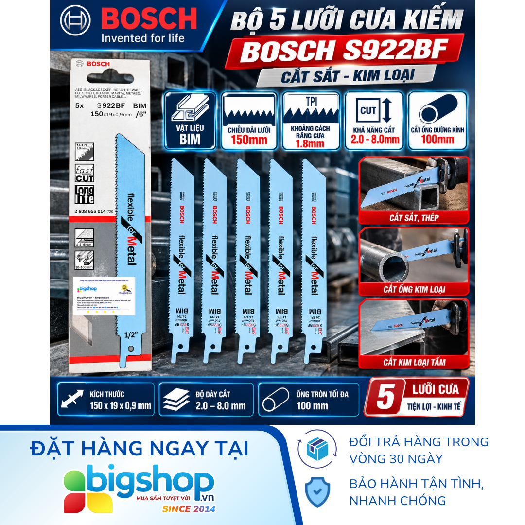 Bộ 5 lưỡi cưa kiếm cắt sắt BOSCH S922BF (Chiều dài lưỡi 150mm, mã số 2608656014)