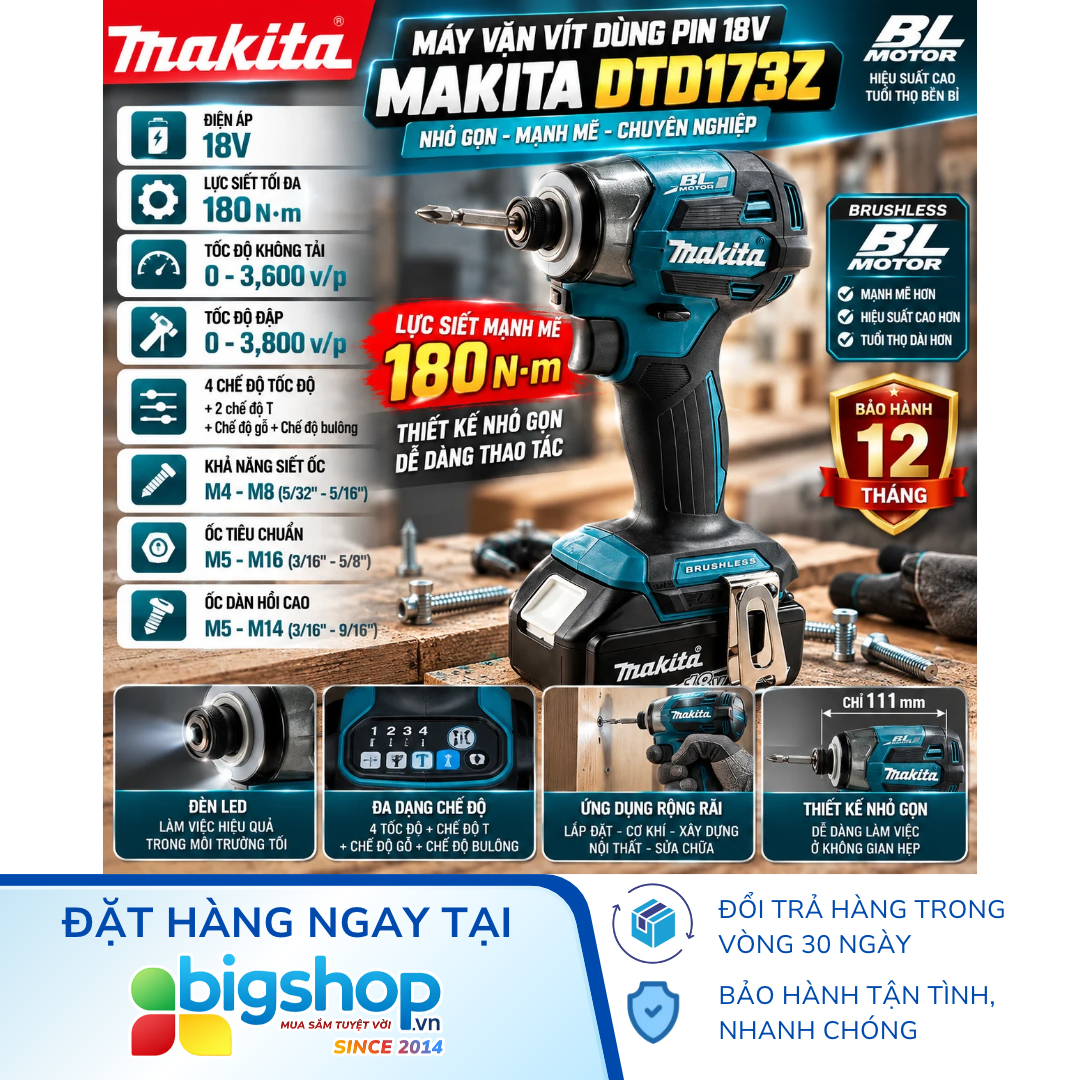 Máy vặn vít dùng pin 18V MAKITA DTD173Z (Lực siết 180Nm) - Thân máy