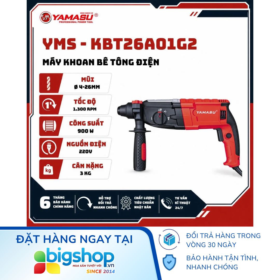 Máy khoan bê tông đảo chiều YAMASU YMS-KBT26A01G2 (Công suất 900W, mũi 26mm)