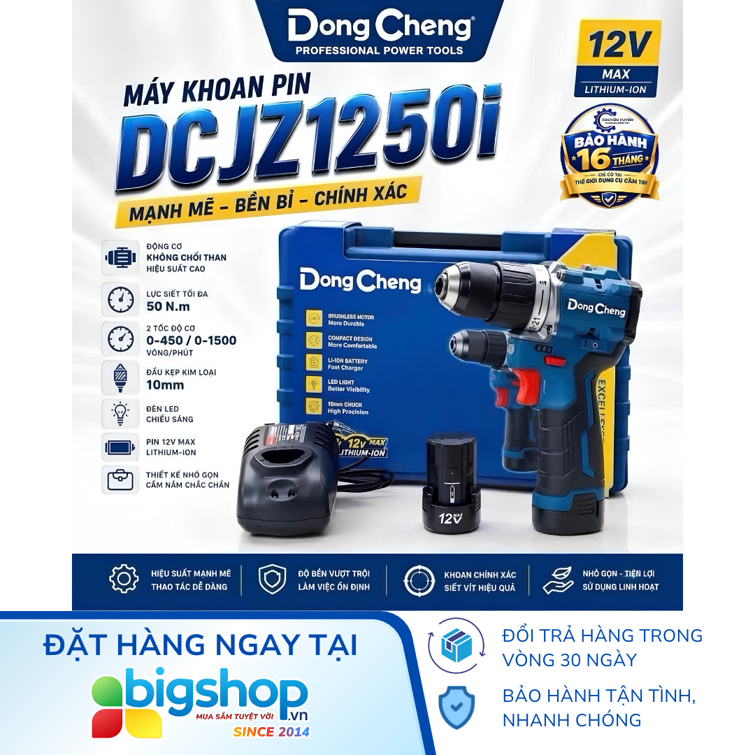 Máy khoan vặn vít dùng pin 12V DONGCHENG DCJZ1250i EK - 2 pin 2.0Ah và sạc