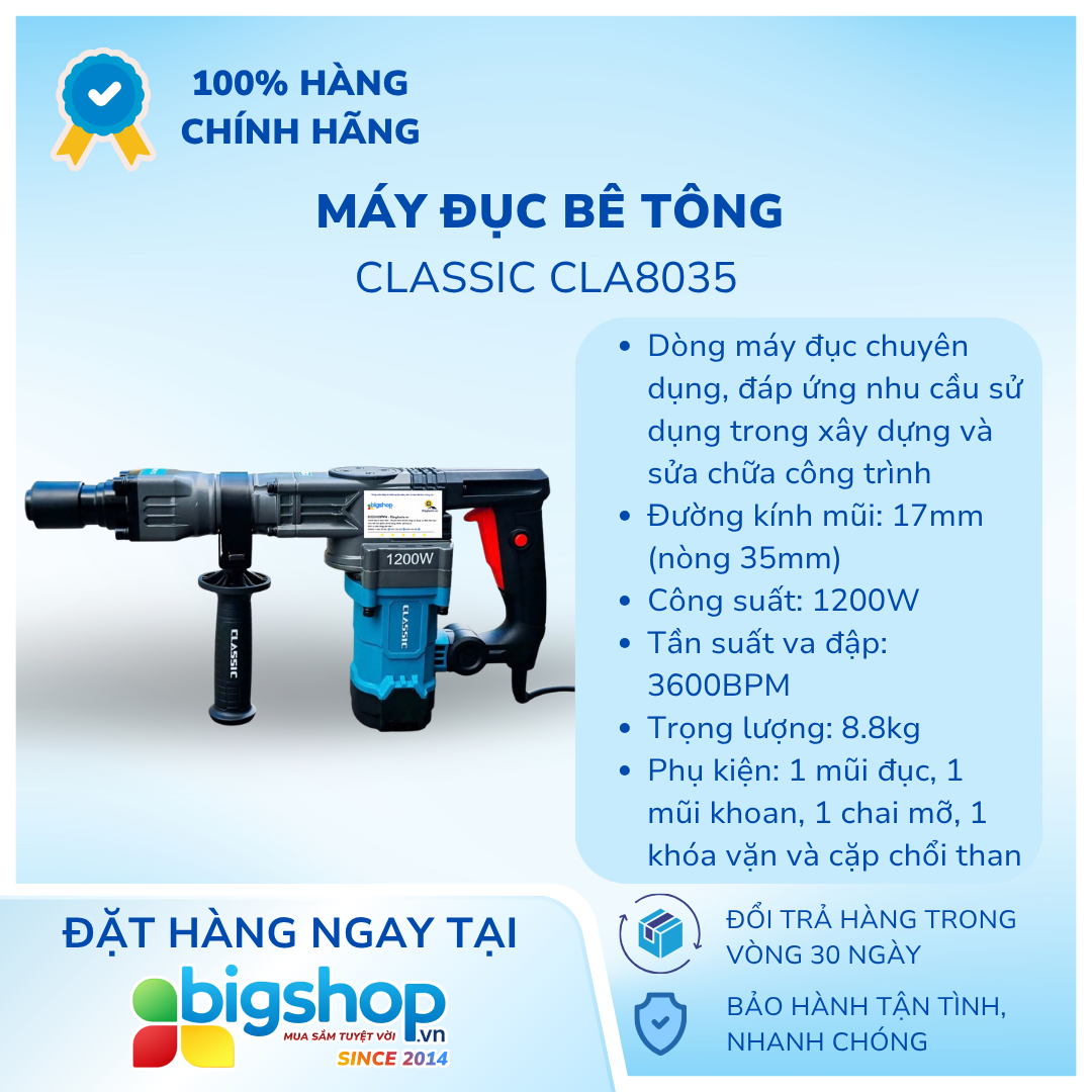 Máy đục bê tông CLASSIC CLA8035 (Công suất 1200W, mũi 17mm)