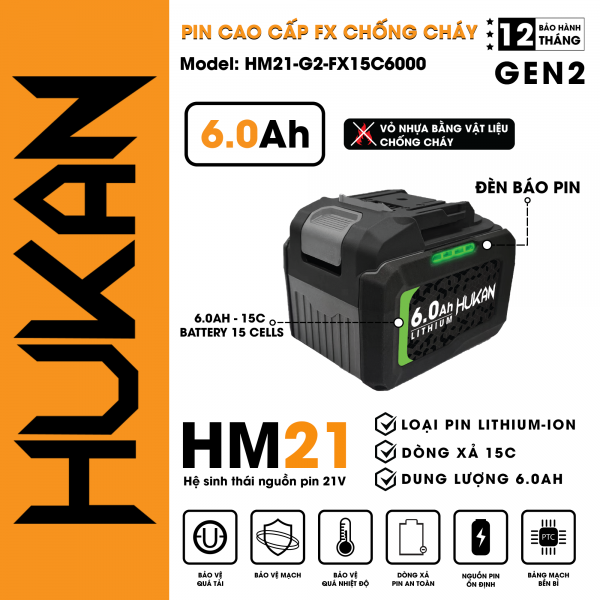 Pin cao cấp FX chống cháy Hukan HM21-G2-FX15C6000, 21V/6AH