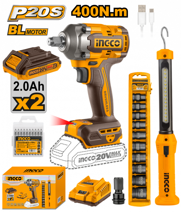 Bộ combo Máy  siết bu lông  dùng pin 20V  (CIWLI2040) &  đèn pin  (HWLI35261) INGCO COSLI23048 