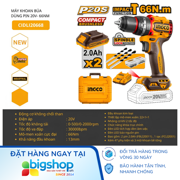 Máy khoan búa pin 20V 66Nm INGCO CIDLI20668 (2 pin 2.0Ah và 1 sạc)