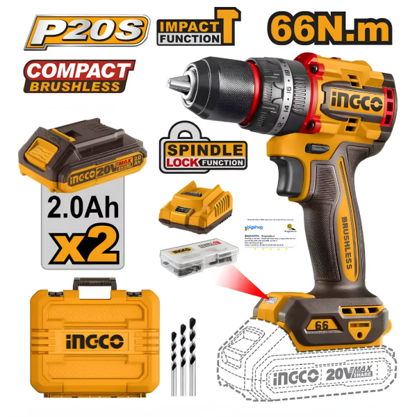 Máy khoan búa pin 20V 66Nm INGCO CIDLI20668 (2 pin 2.0Ah và 1 sạc)