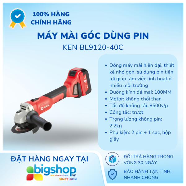 Máy mài góc dùng pin KEN BL9120-40C (2 pin 4.0Ah, 1 sạc)
