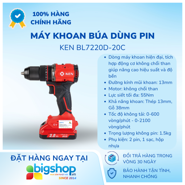 Máy khoan động lực dùng pin 20V KEN BL7220D-20C (13mm)