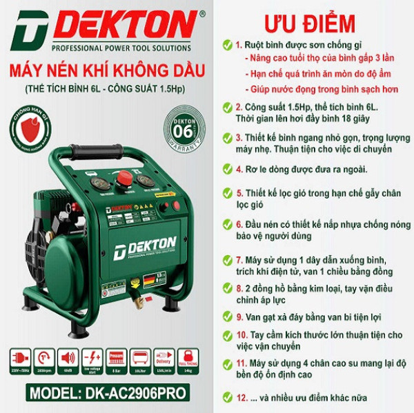 Máy nén khí không dầu cs 1.5Hp DEKTON DK-AC2906PRO, 6 Lít