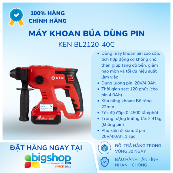 Máy khoan búa dùng pin 20V KEN BL2120-40C (2 pin 4.0Ah và 1 sạc)
