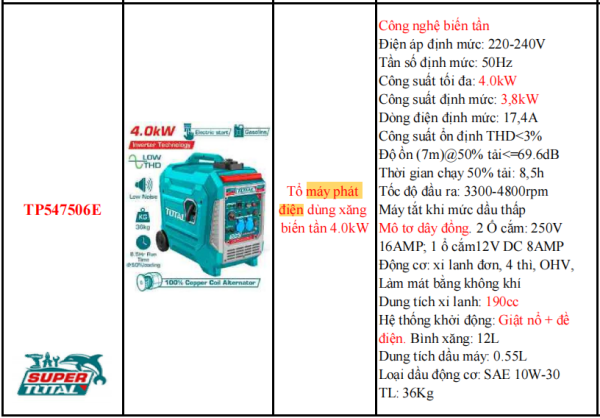 Máy phát điện dùng xăng biến tần 4.0KW TOTAL TP547506E