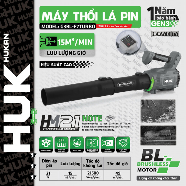 Thân máy thổi lá dùng pin (GEN 3) HUK G3BL-F7TURBO (Chưa kèm pin & sạc)