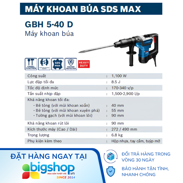 Máy khoan đục bê tông Bosch GBH 5-40D (Công suất 1100W)
