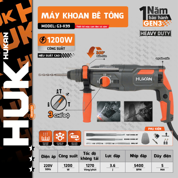 Máy khoan bê tông 3 chức năng HUKAN GEN3 G3-K99