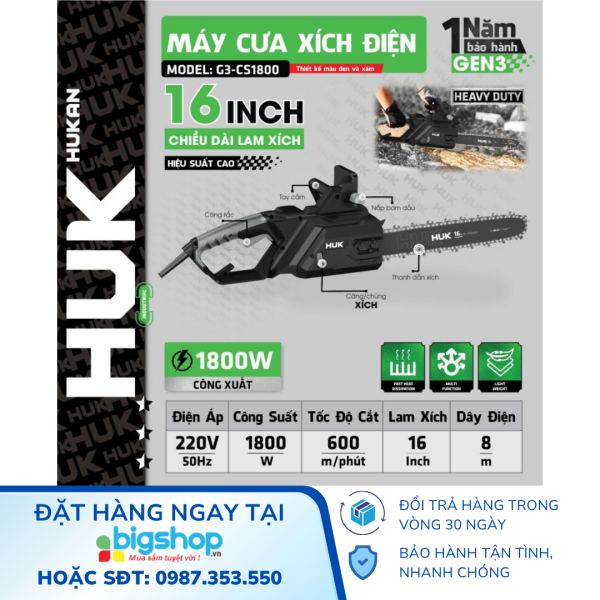 Máy cưa xích điện 16 inch HUKAN G3-CS1800 (GEN 3)