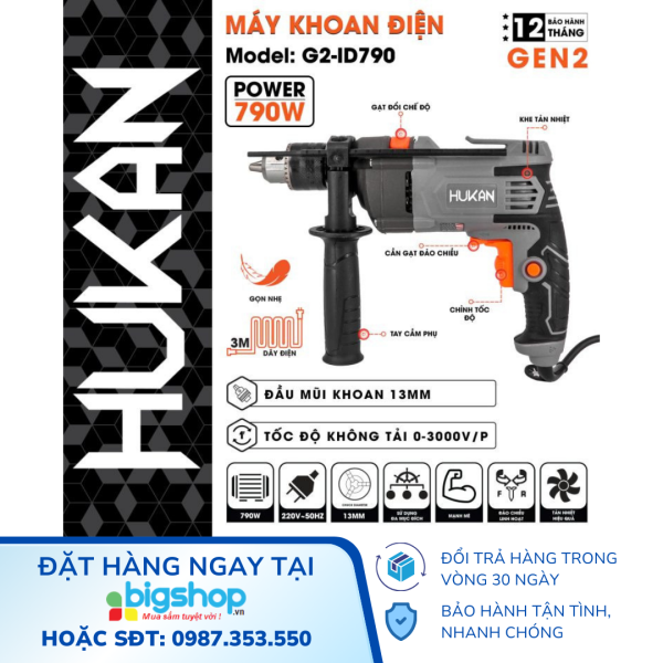 Máy Khoan Tường Điện 13mm HUKAN GEN 2 G2-ID790, cs 790W