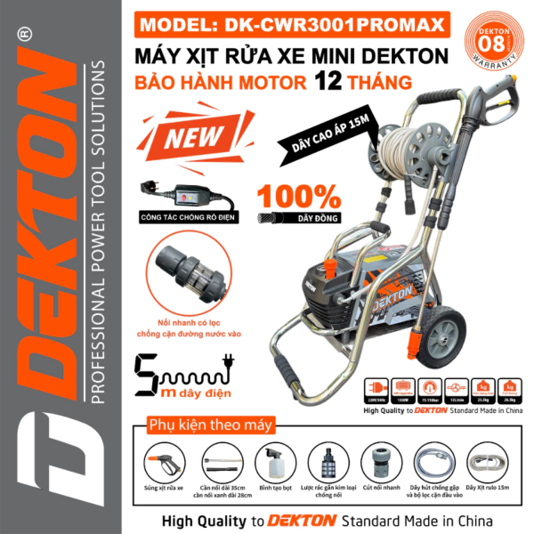 Máy Rửa Xe DEKTON DK-CWR3001PROMAX – Công Nghệ INVERTER có Rulo Cuộn Dây