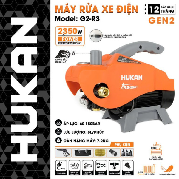 Máy rửa xe dùng điện có chỉnh áp HUKAN (GEN 2) G2-R3