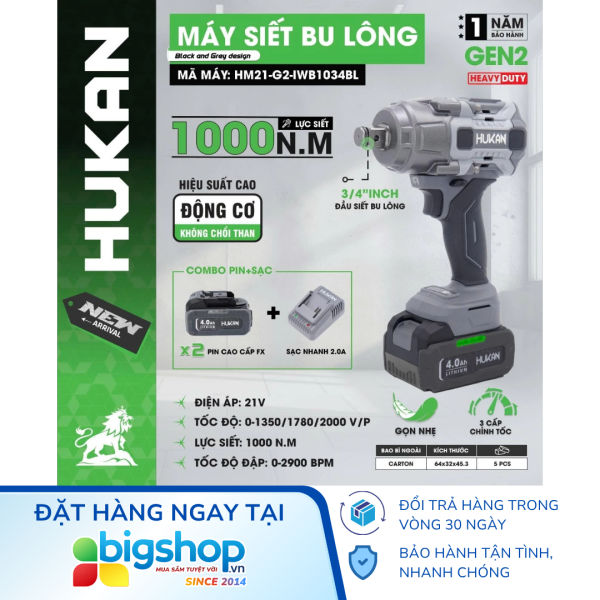 Máy siết bulong pin HUKAN HM21-G2-IWB1034BL, đầu tuýp 3/4 inch