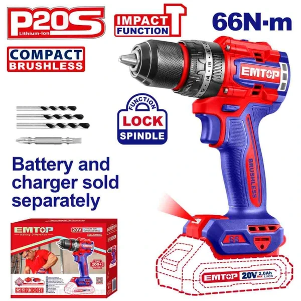 Thân máy khoan pin động lực EMTOP 20V, 66Nm, ECIDL206681