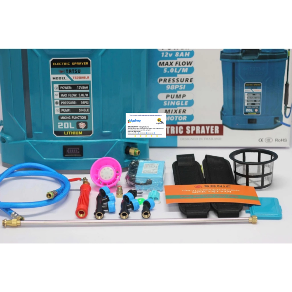 Bình xịt điện 12V/8AH TATSU TS20A8LR (20L, bơm đôi, có đảo thuốc)