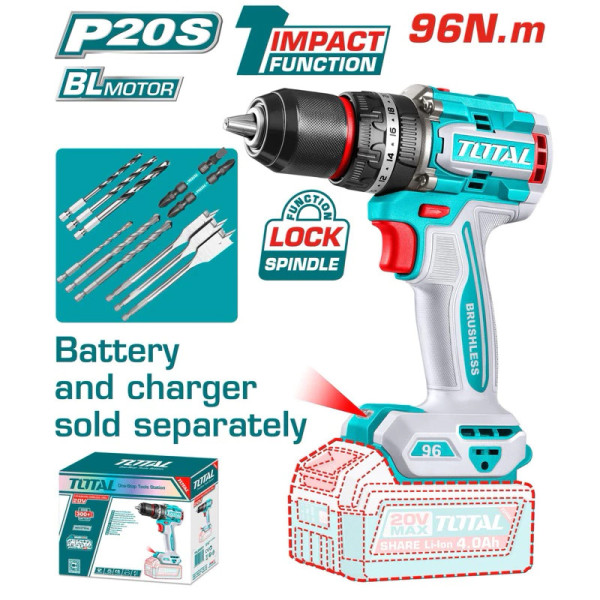 Máy khoan TOTAL không chổi than 96Nm dùng pin 20V TIDLI20968