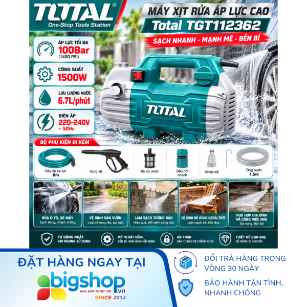 Máy xịt rửa áp lực cao Total TGT112362 (Công suất 1500W, áp lực 100Bar)