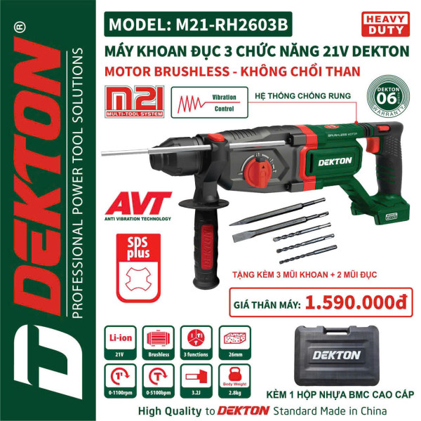 Máy khoan đục bê tông 3 chức năng DEKTON M21-RH2603B – Dùng pin 21V, lực búa 3.2J