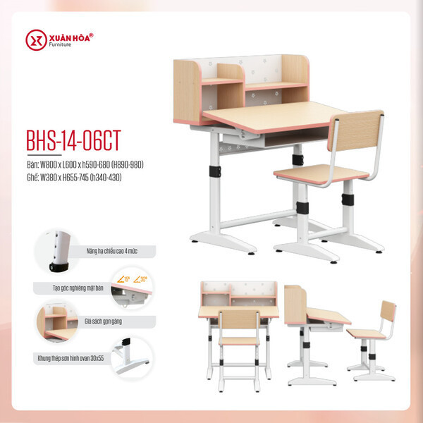 Bàn học sinh Xuân Hòa BHS-14-06 CT nẹp hồng