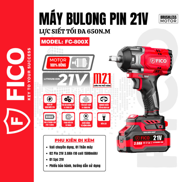 Máy siết bu lông 21V Fico FC-800X, 650N