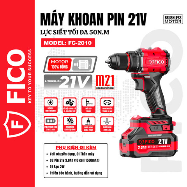 Máy khoan pin 21V, 50N.m Fico FC-2010