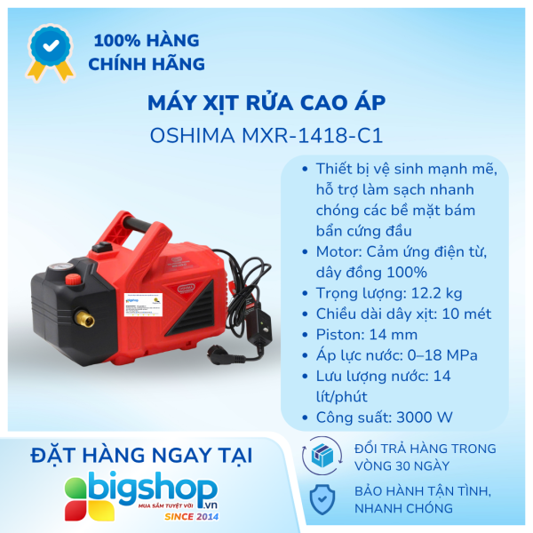 Máy xịt rửa cao áp OSHIMA MXR-1418-C1 (Công suất 3000W)