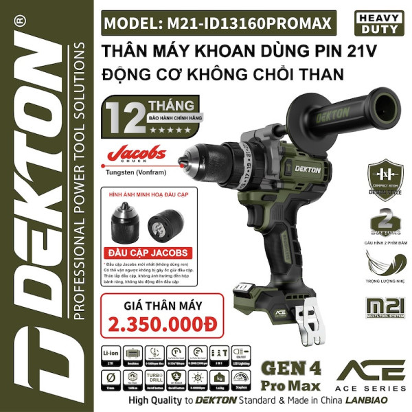 Máy khoan pin 21V Dekton M21-ID13160PROMAX – 3 chế độ, chống lật cổ tay