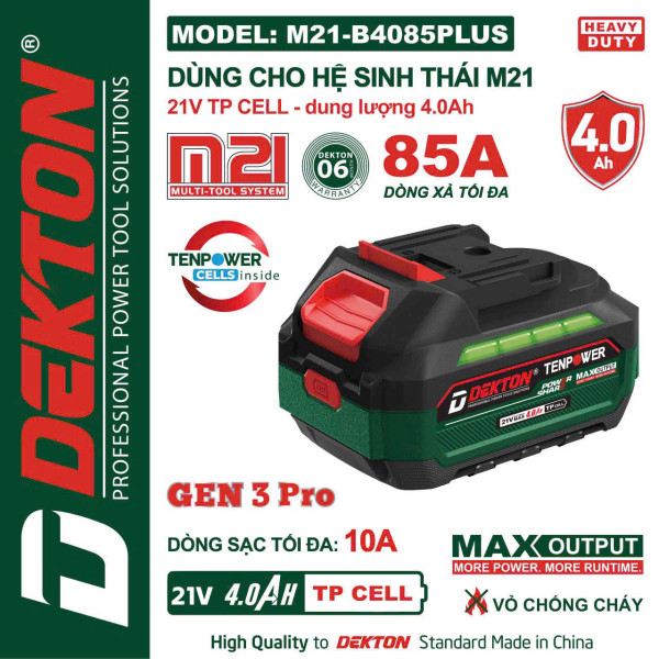 Pin 21V-4.0AH- DEKTON vỏ chống cháy, dòng xả cao - M21-B4015PLUS, 85A